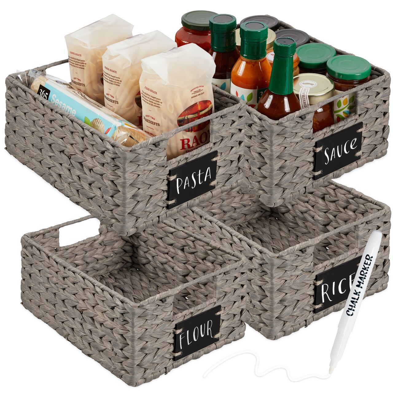 Best Choice Products Set of 4 12in Woven Water Hyacinth Pantry Baskets w/ Chalkboard Label, Chalk Marker